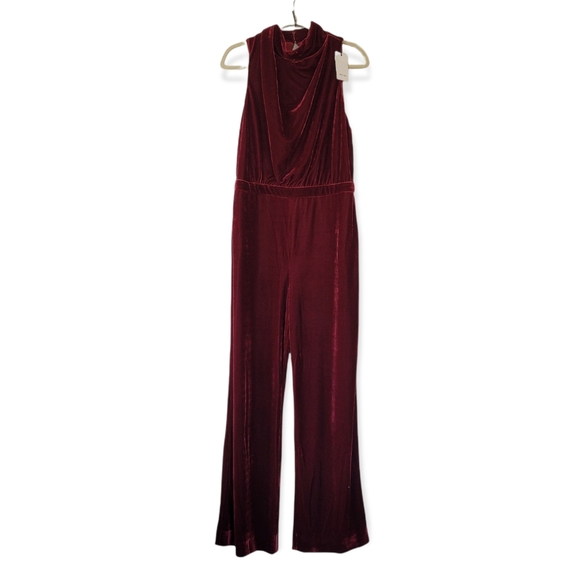 REISS JOAN Berry Red Sleeveless Open Back High Neck Velvet Straight Leg Jumpsuit - Picture 2 of 16